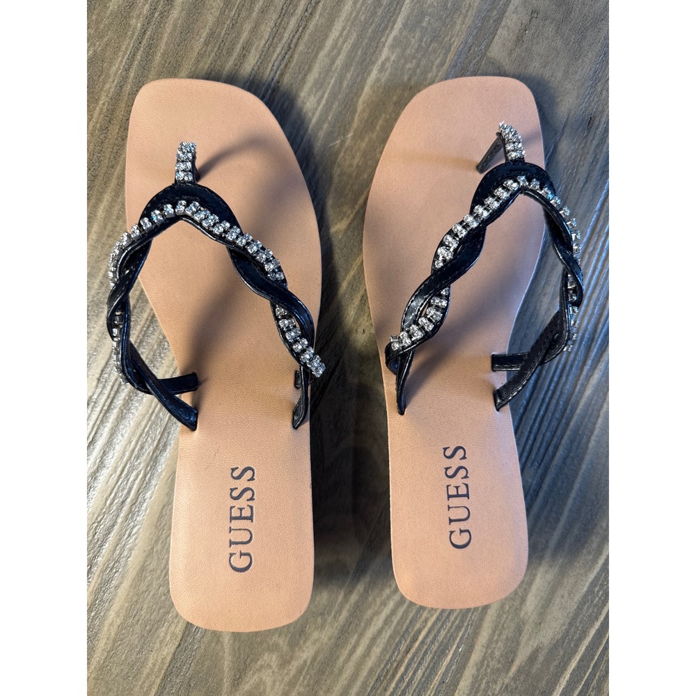 Guess Sandra Wedge Sandals Women's 7 Black Rhinestone Leather Thong Heel New - Picture 6 of 8